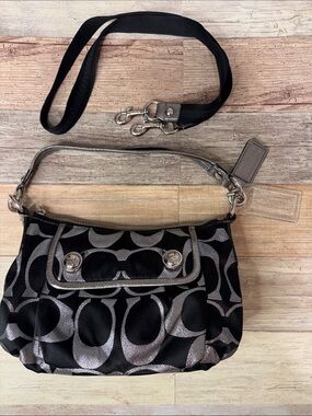 Coach Poppy Black and Silver Signature Shoulder Bag